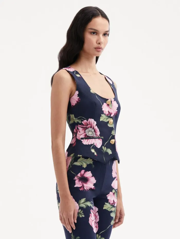 Oscar De La Renta Poppy Cotton Twill Vest Navy Pink Women Blouses and Knits Oscar De La Renta Poppy Cotton Twill Vest Navy Pink Women Blouses and Knits