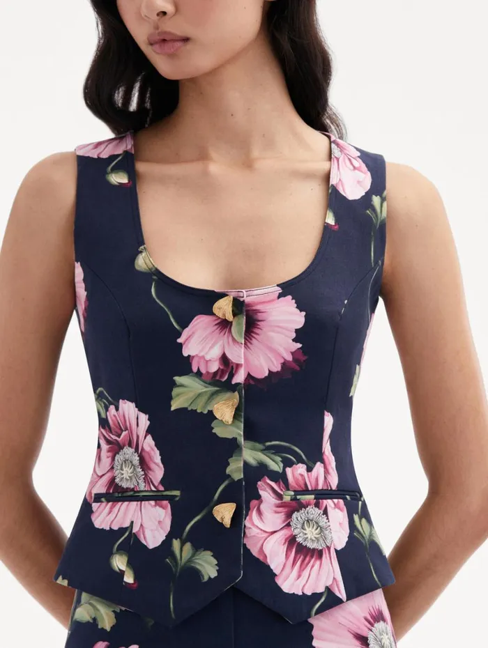 Oscar De La Renta Poppy Cotton Twill Vest Navy Pink Women Blouses and Knits Oscar De La Renta Poppy Cotton Twill Vest Navy Pink Women Blouses and Knits