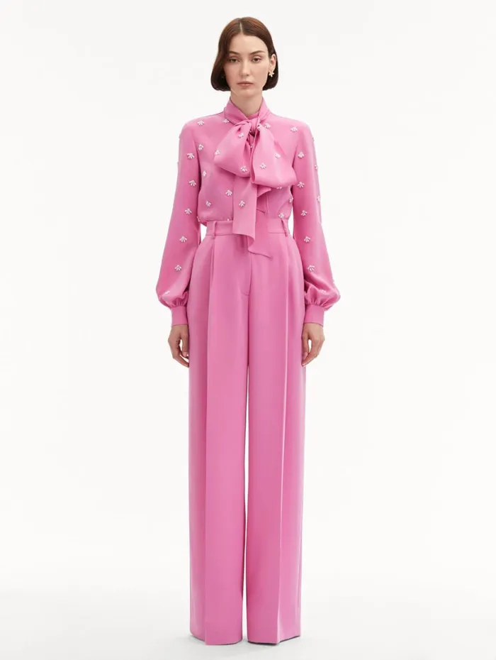 Oscar De La Renta Wide Leg Silk Georgette Pant Rosehip Women Pants and Skirts
