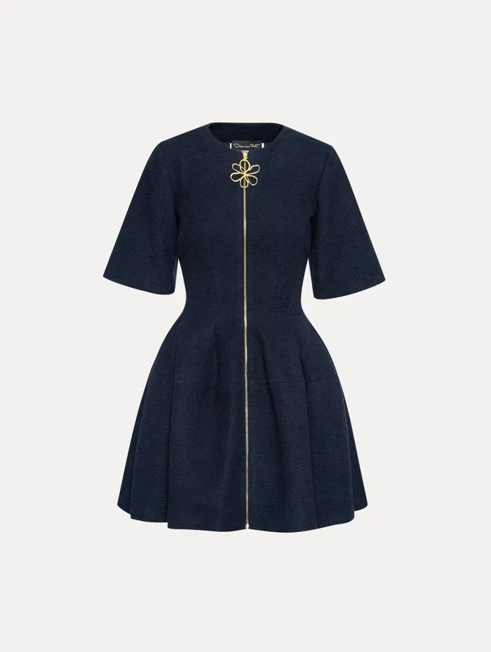 Oscar De La Renta Zip Front Tweed Dress Navy Women Dresses