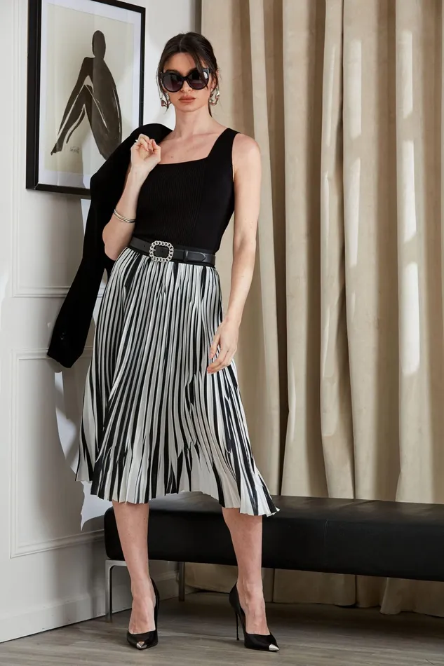 Outlet 8211 Women Bottoms Elie Tahari Contrast Pleated Skirt Blackwhite