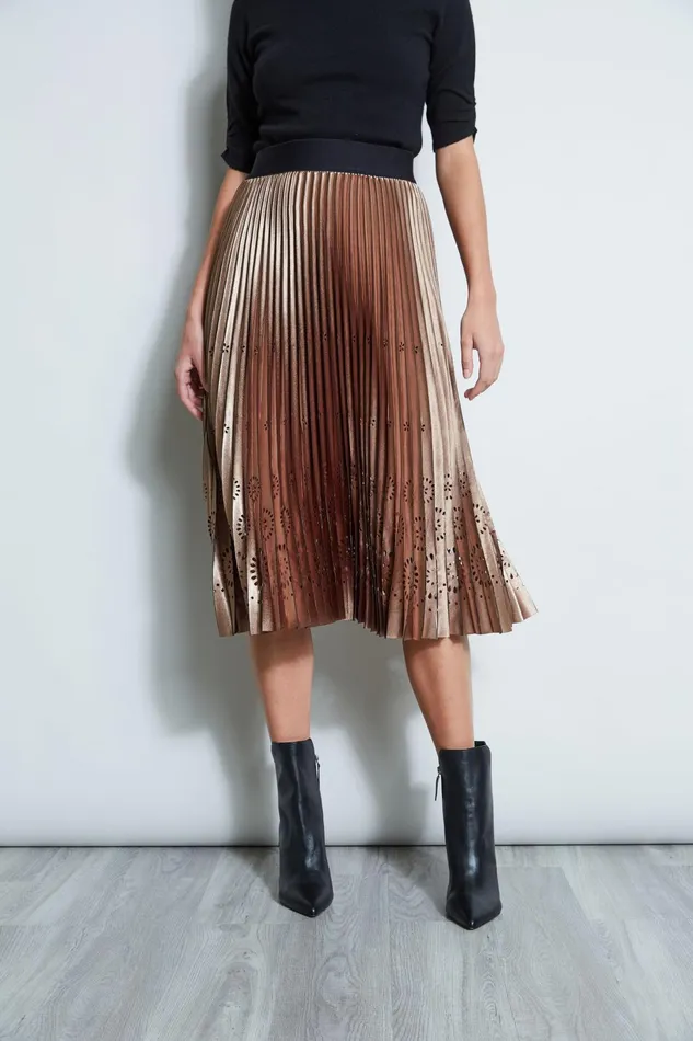Outlet 8211 Women Bottoms Elie Tahari Lasercut Satin Pleated Skirt Bronzeblack