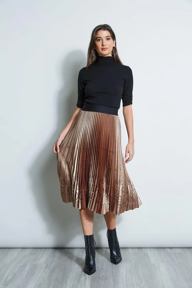 Outlet 8211 Women Bottoms Elie Tahari Lasercut Satin Pleated Skirt Bronzeblack