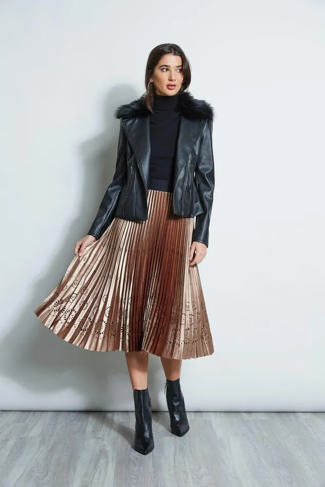 Outlet 8211 Women Bottoms Elie Tahari Lasercut Satin Pleated Skirt Bronzeblack