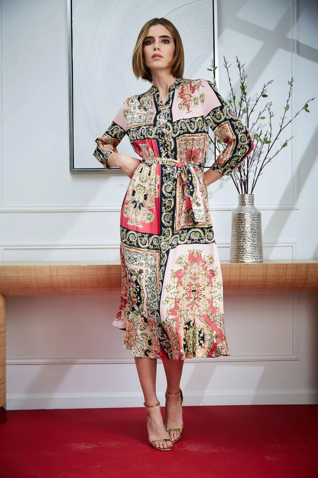 Outlet 8211 Women Dresses and Jumpsuits Elie Tahari Baroque Scarf Print Dress Wonder Wheel Baroque Print