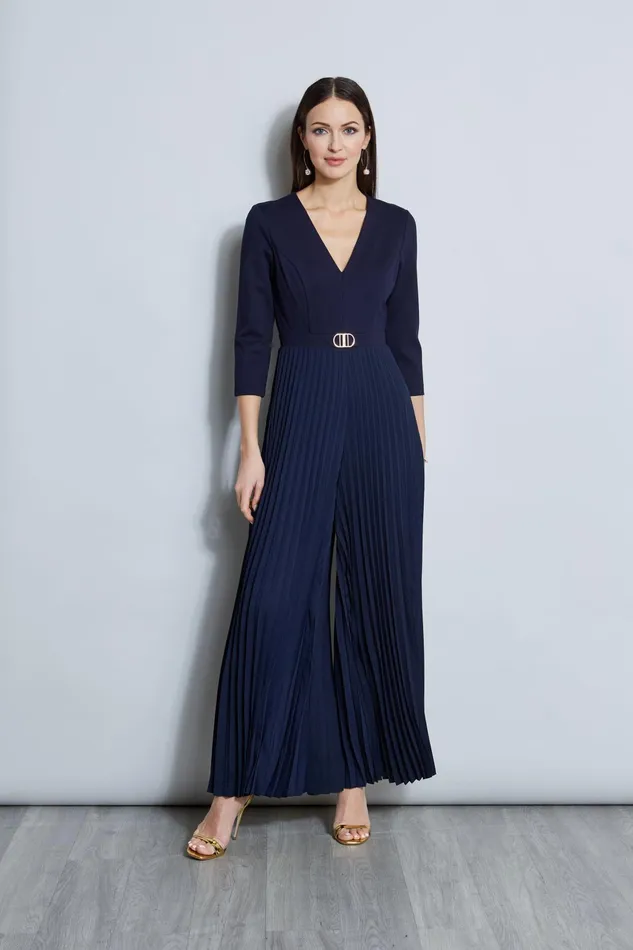 Outlet 8211 Women Dresses and Jumpsuits Elie Tahari Knit Bodice Pleated Jumpsuit Peacoat