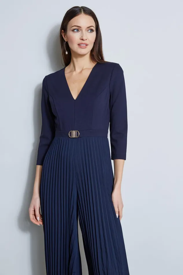 Outlet 8211 Women Dresses and Jumpsuits Elie Tahari Knit Bodice Pleated Jumpsuit Peacoat