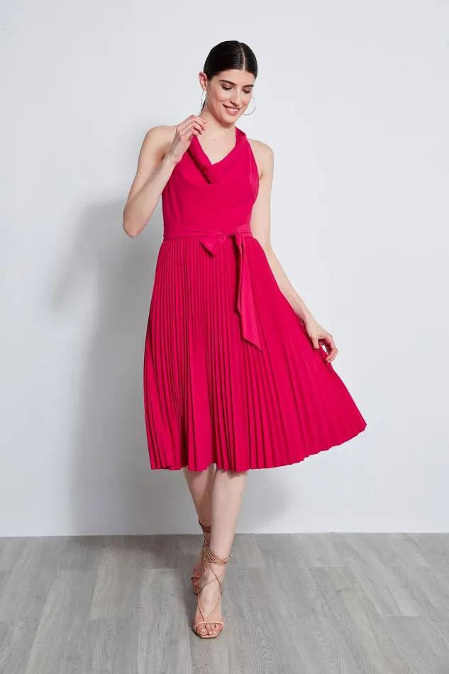 Outlet 8211 Women Dresses and Jumpsuits Elie Tahari Pleated Cowl Midi Dress Cyclamen