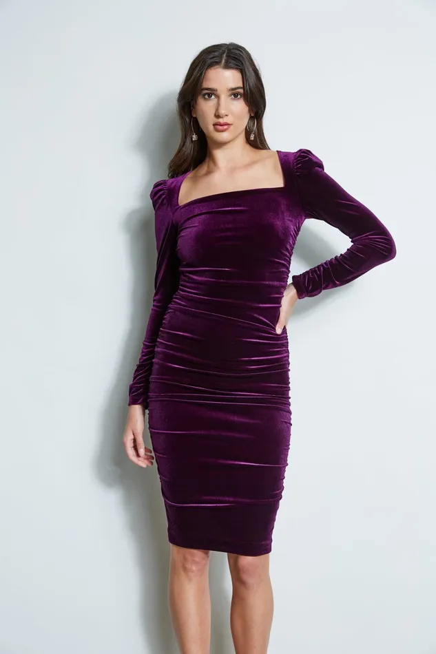 Outlet 8211 Women Dresses and Jumpsuits Elie Tahari Ruched Velvet Square Neck Dress Plum