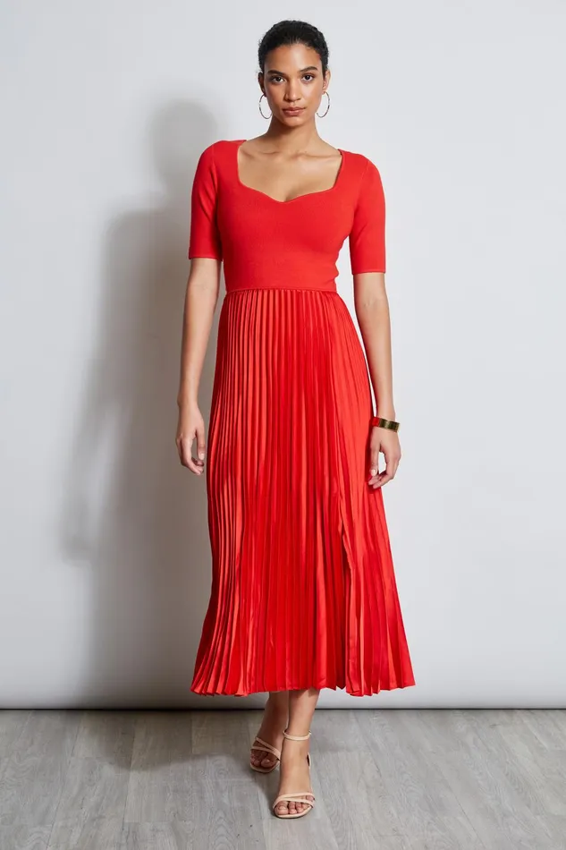 Outlet 8211 Women Dresses and Jumpsuits Elie Tahari Short Sleeve Contour Pleated Dress Glazed Berry
