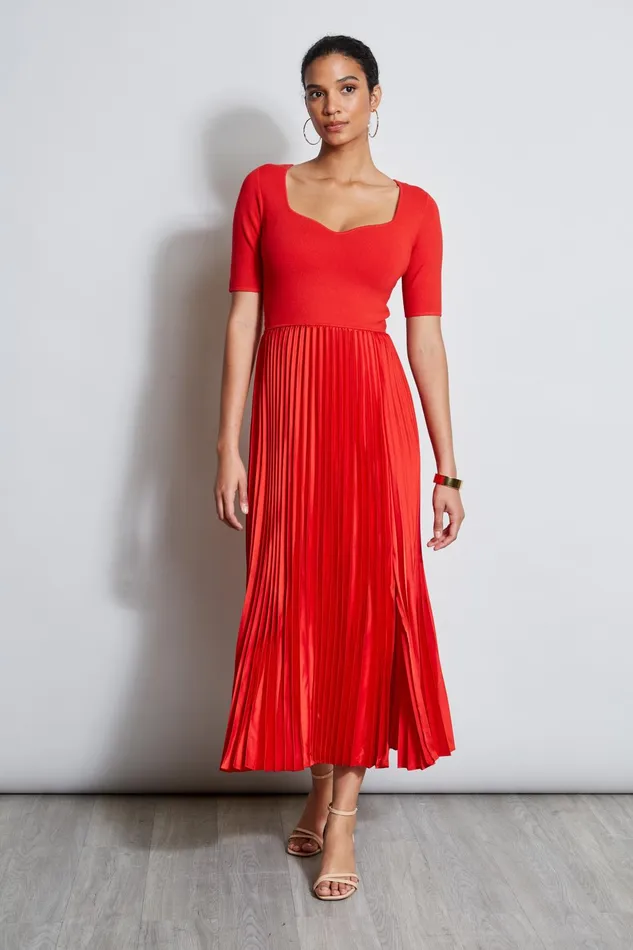 Outlet 8211 Women Dresses and Jumpsuits Elie Tahari Short Sleeve Contour Pleated Dress Glazed Berry