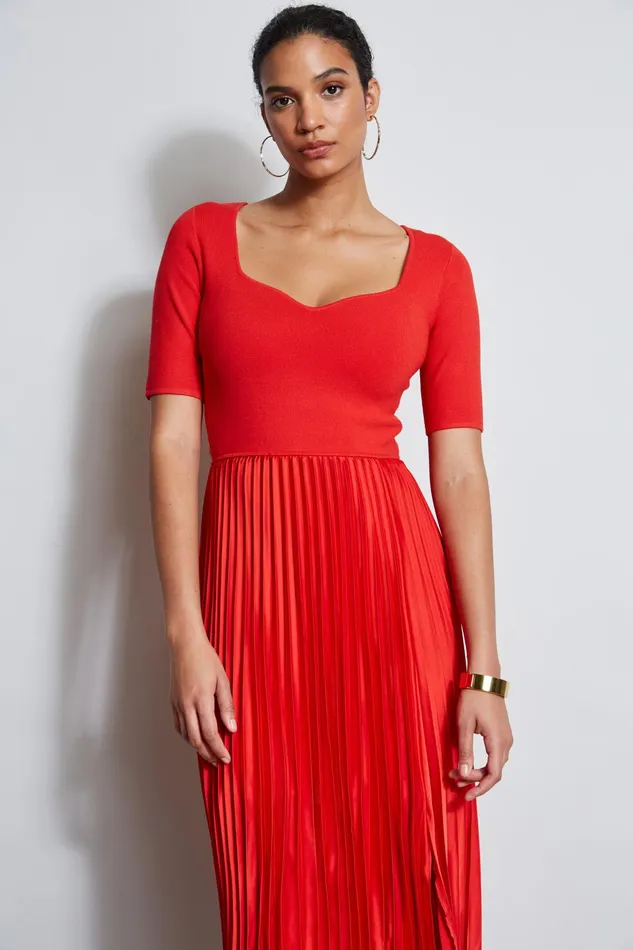 Outlet 8211 Women Dresses and Jumpsuits Elie Tahari Short Sleeve Contour Pleated Dress Glazed Berry
