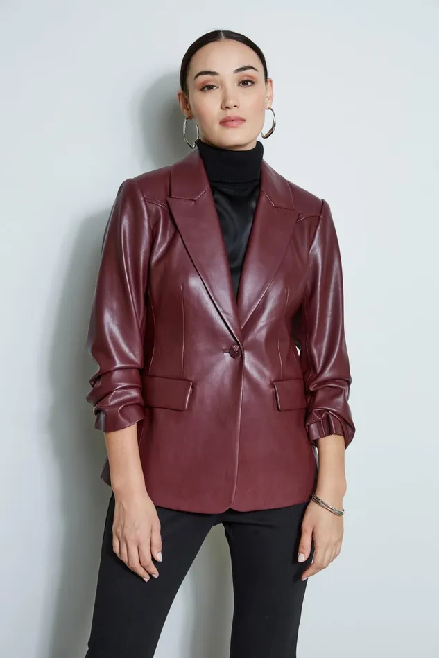 Outlet 8211 Women Jackets and Blazers Elie Tahari Vegan Leather Ruched Sleeve Blazer Black Cherry Outlet 8211 Women Jackets and Blazers Elie Tahari Vegan Leather Ruched Sleeve Blazer Black Cherry