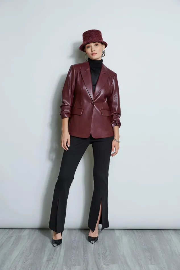 Outlet 8211 Women Jackets and Blazers Elie Tahari Vegan Leather Ruched Sleeve Blazer Black Cherry