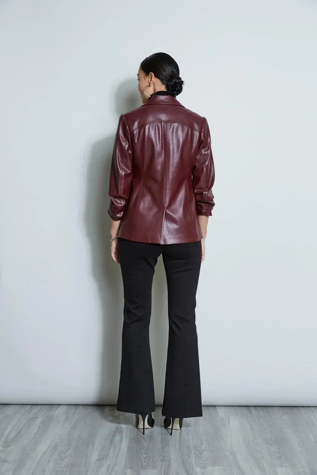 Outlet 8211 Women Jackets and Blazers Elie Tahari Vegan Leather Ruched Sleeve Blazer Black Cherry