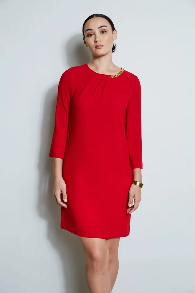 Outlet 8211 Women Long Sleeve Dresses Elie Tahari Chain Shift Dress Flame Red