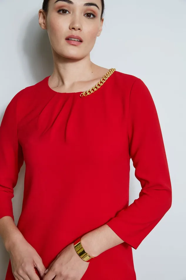 Outlet 8211 Women Long Sleeve Dresses Elie Tahari Chain Shift Dress Flame Red