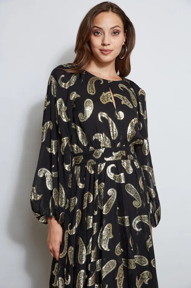 Outlet 8211 Women Long Sleeve Dresses Elie Tahari Metallic Paisley Jacquard Dress Brushed Gold