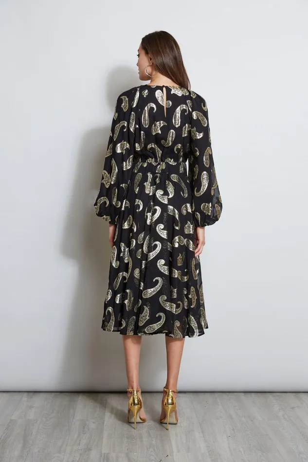 Outlet 8211 Women Long Sleeve Dresses Elie Tahari Metallic Paisley Jacquard Dress Brushed Gold
