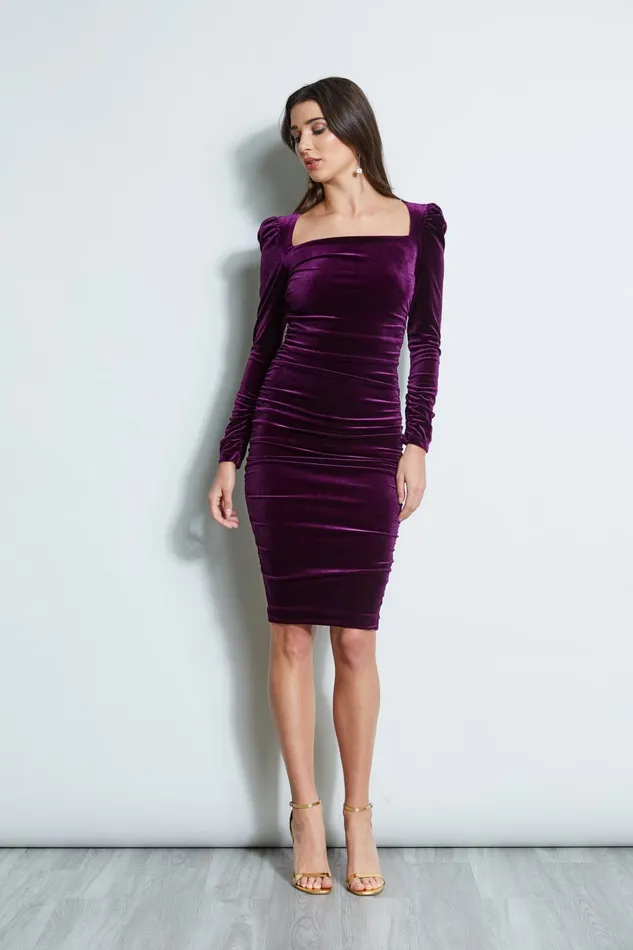 Outlet 8211 Women Long Sleeve Dresses Elie Tahari Ruched Velvet Square Neck Dress Plum