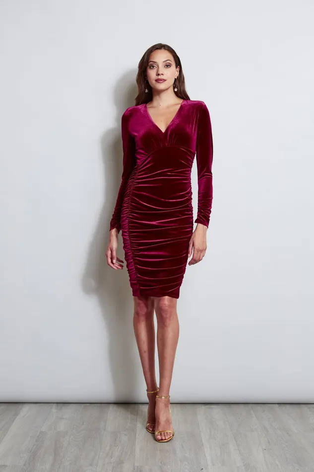 Outlet 8211 Women Long Sleeve Dresses Elie Tahari VNeck Ruched Velvet Dress Bordeaux