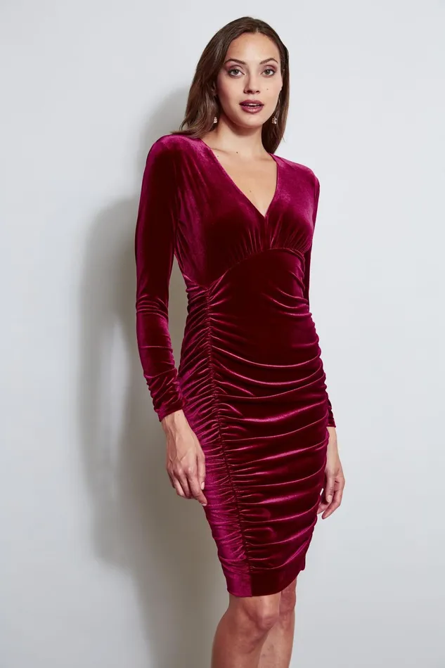 Outlet 8211 Women Long Sleeve Dresses Elie Tahari VNeck Ruched Velvet Dress Bordeaux