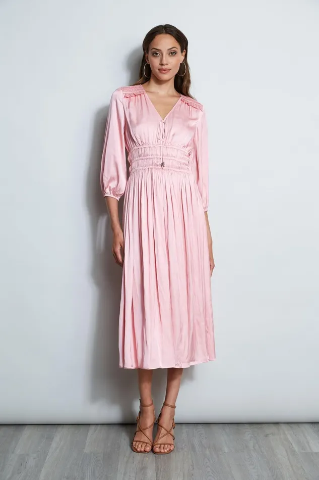 Outlet 8211 Women Midi Dresses Elie Tahari Satin Smocked Pleat Dress Soho Pink