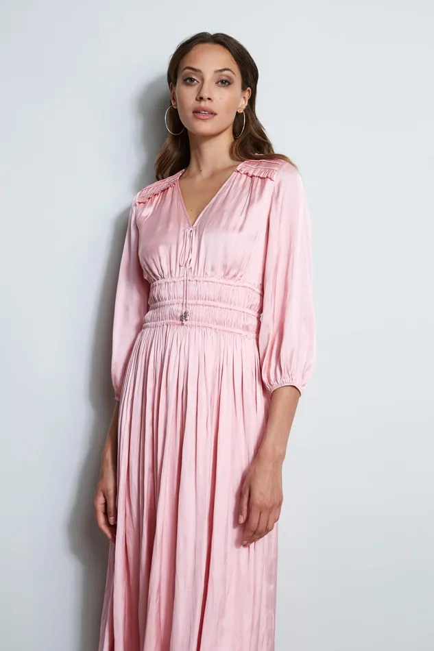 Outlet 8211 Women Midi Dresses Elie Tahari Satin Smocked Pleat Dress Soho Pink