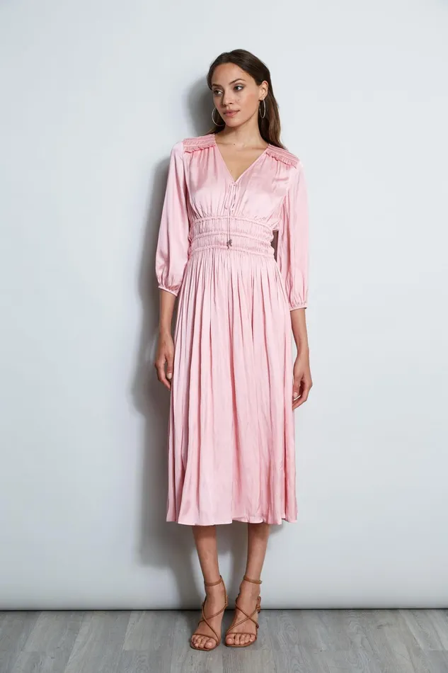Outlet 8211 Women Midi Dresses Elie Tahari Satin Smocked Pleat Dress Soho Pink