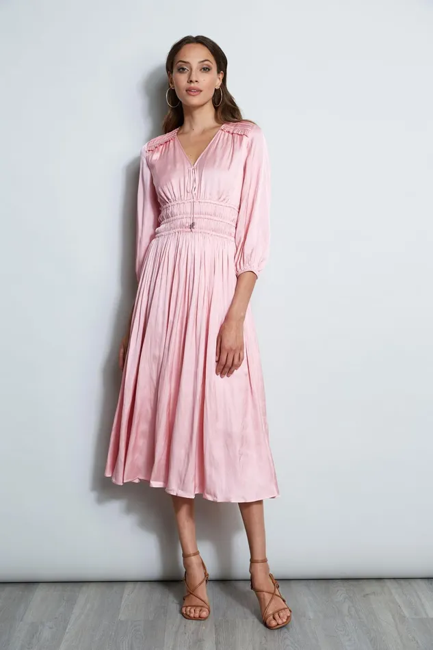 Outlet 8211 Women Midi Dresses Elie Tahari Satin Smocked Pleat Dress Soho Pink