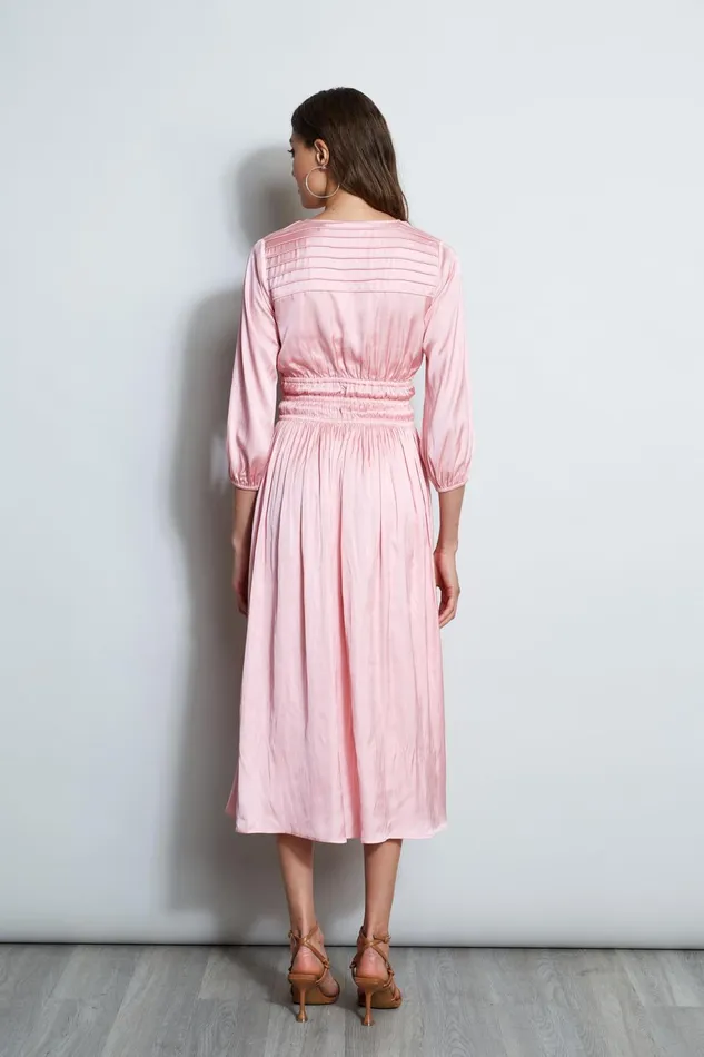 Outlet 8211 Women Midi Dresses Elie Tahari Satin Smocked Pleat Dress Soho Pink