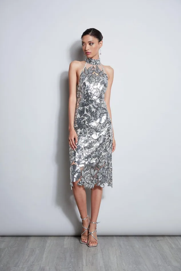 Outlet 8211 Women Midi Dresses Elie Tahari Sequin Floral Halter Dress Silver Multi