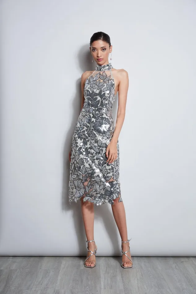 Outlet 8211 Women Midi Dresses Elie Tahari Sequin Floral Halter Dress Silver Multi