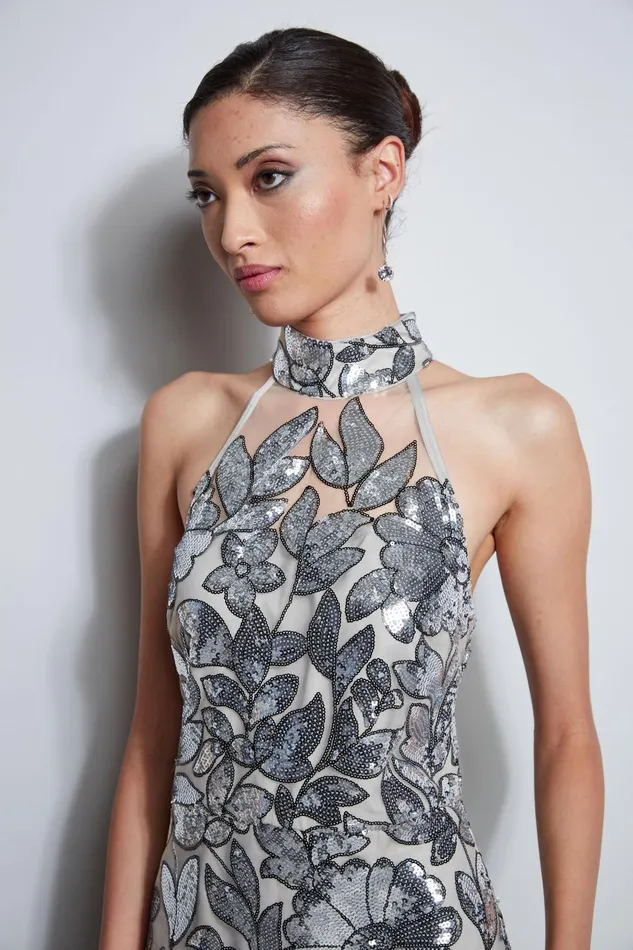 Outlet 8211 Women Midi Dresses Elie Tahari Sequin Floral Halter Dress Silver Multi