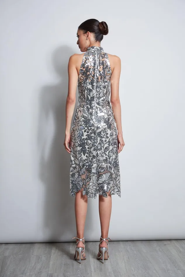 Outlet 8211 Women Midi Dresses Elie Tahari Sequin Floral Halter Dress Silver Multi