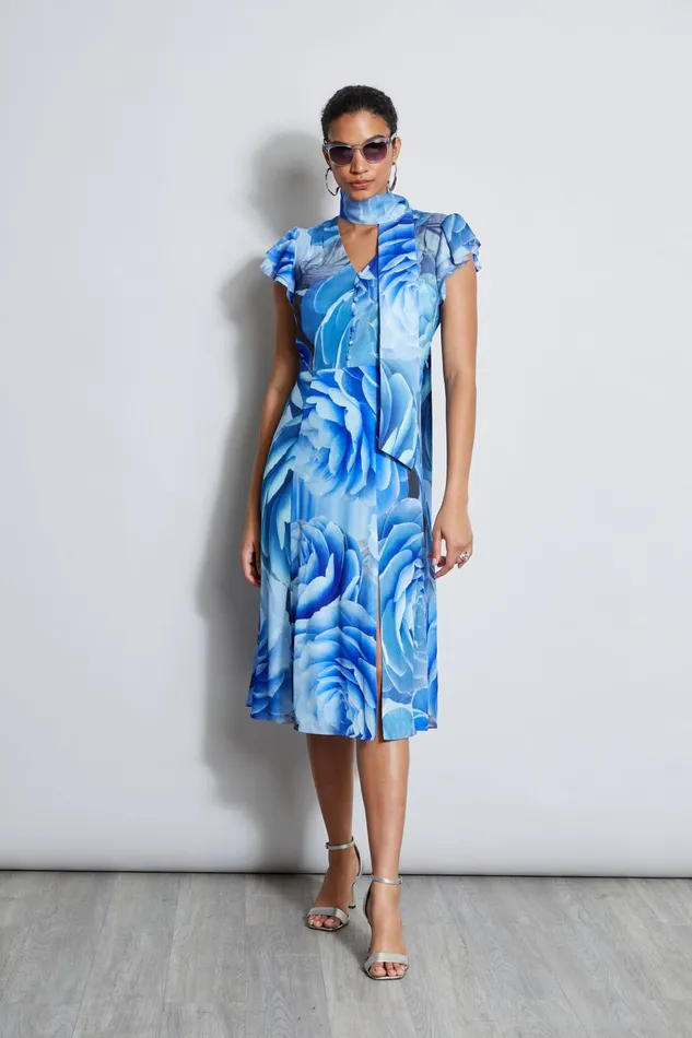 Outlet 8211 Women Midi Dresses Elie Tahari Silk Fantasy Garden Midi Dress Lapis Multi