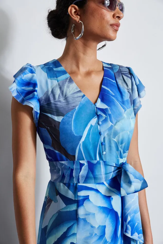 Outlet 8211 Women Midi Dresses Elie Tahari Silk Fantasy Garden Midi Dress Lapis Multi