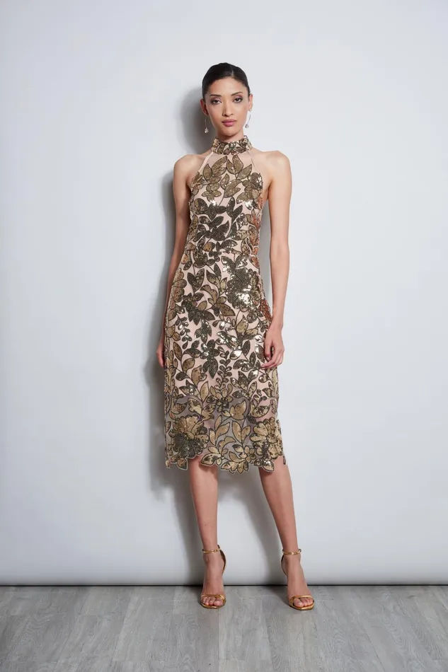 Outlet 8211 Women Sleeveless Dresses Elie Tahari Sequin Floral Halter Dress Gold Multi