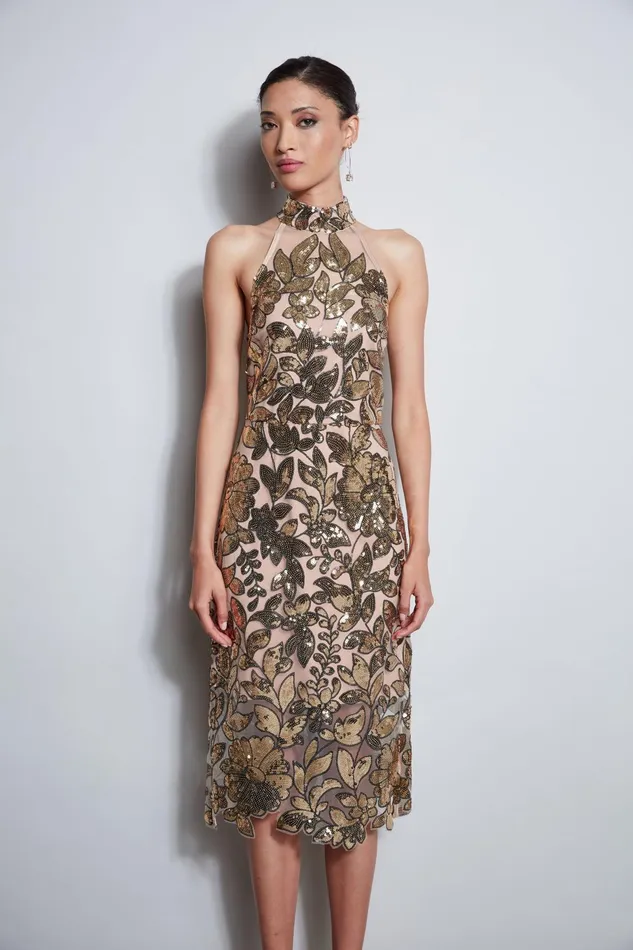 Outlet 8211 Women Sleeveless Dresses Elie Tahari Sequin Floral Halter Dress Gold Multi