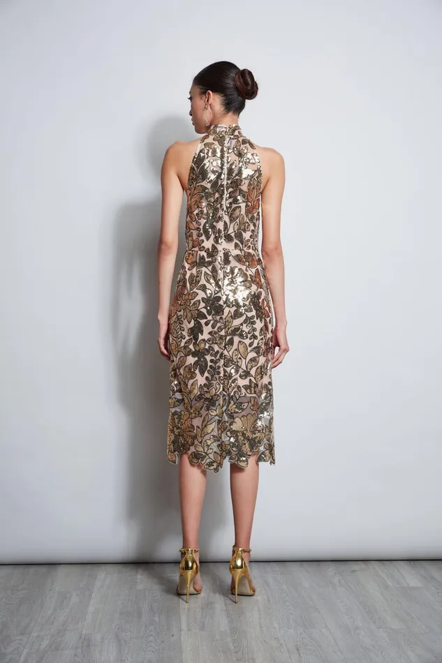 Outlet 8211 Women Sleeveless Dresses Elie Tahari Sequin Floral Halter Dress Gold Multi
