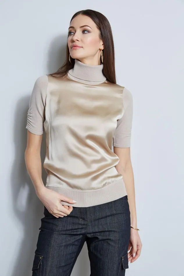 Outlet 8211 Women Suiting Elie Tahari Short Sleeve Satin Front Sweater Driftwood