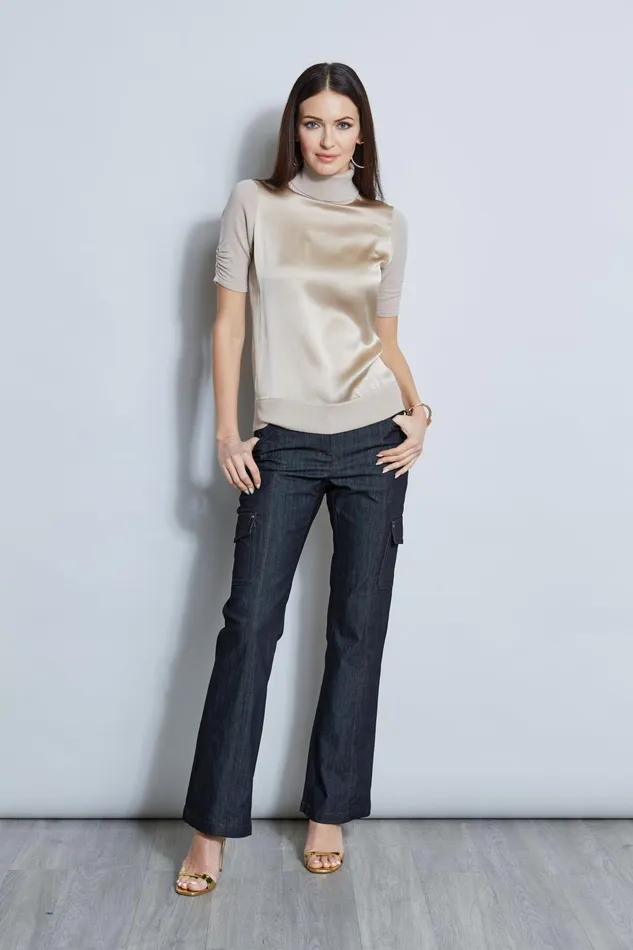 Outlet 8211 Women Suiting Elie Tahari Short Sleeve Satin Front Sweater Driftwood