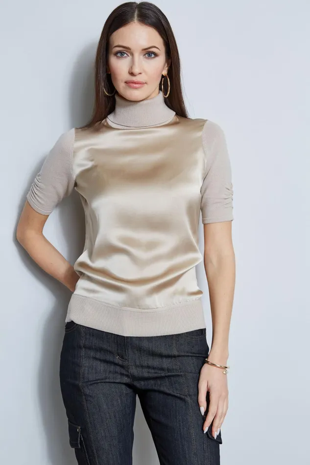 Outlet 8211 Women Suiting Elie Tahari Short Sleeve Satin Front Sweater Driftwood