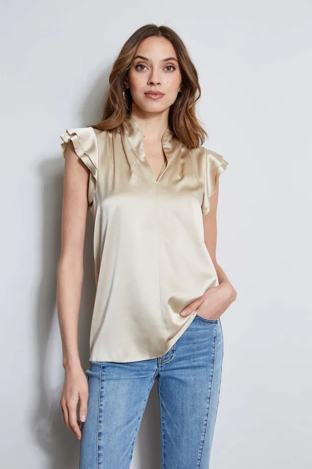 Outlet 8211 Women Suiting Elie Tahari Silk Satin Flutter Sleeve Shirt Driftwood