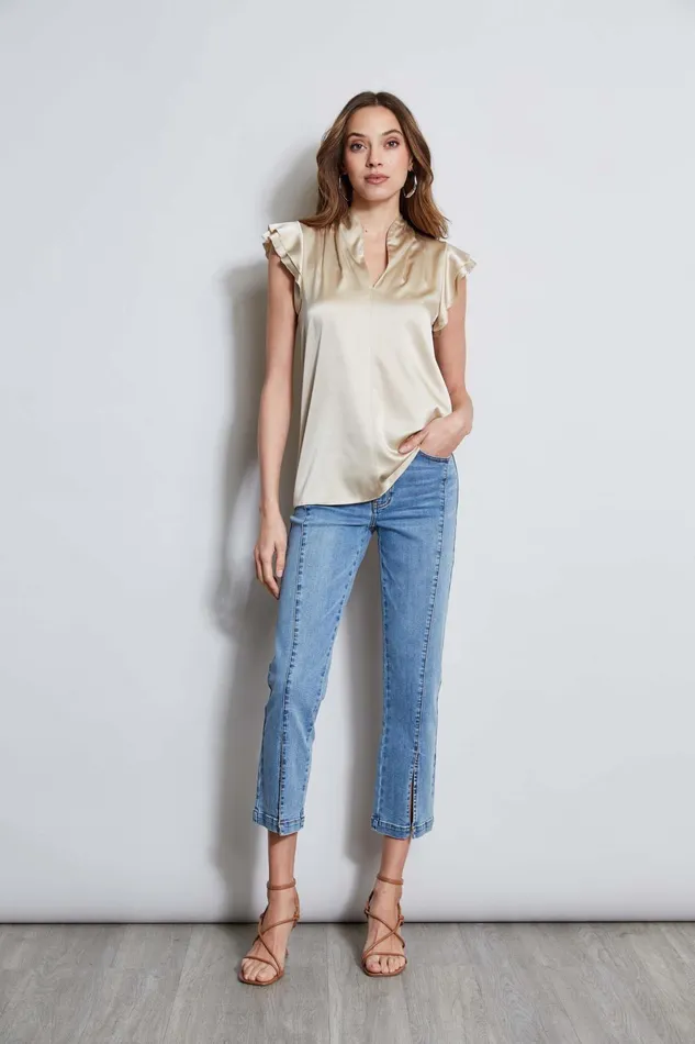 Outlet 8211 Women Suiting Elie Tahari Silk Satin Flutter Sleeve Shirt Driftwood