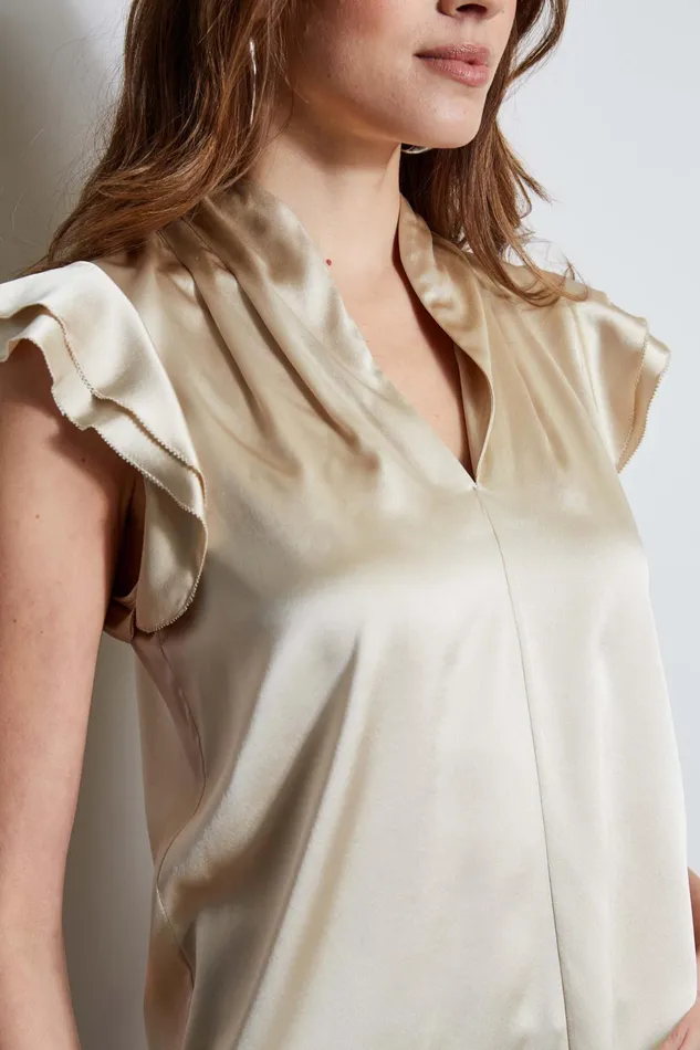 Outlet 8211 Women Suiting Elie Tahari Silk Satin Flutter Sleeve Shirt Driftwood