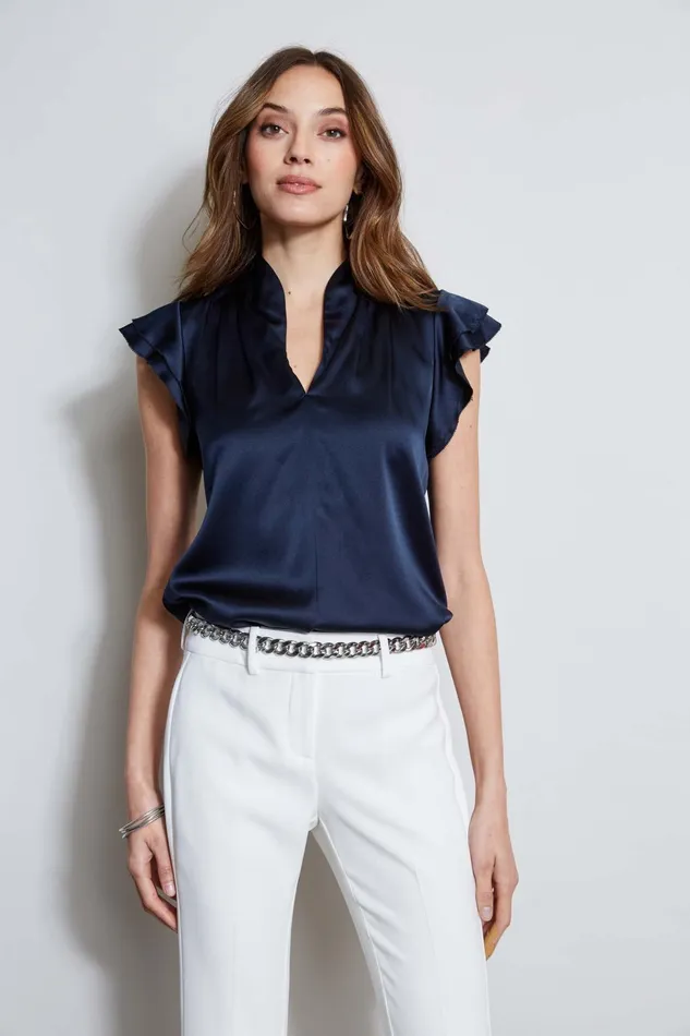 Outlet 8211 Women Suiting Elie Tahari Silk Satin Flutter Sleeve Shirt Stargazer