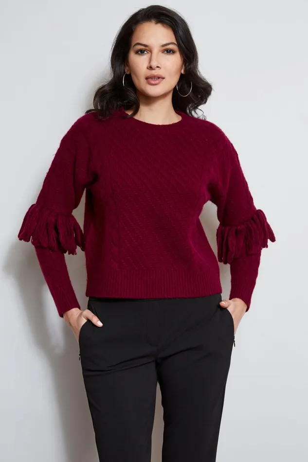 Outlet 8211 Women Tops Elie Tahari Cable Knit Fringe Sweater Mulberry
