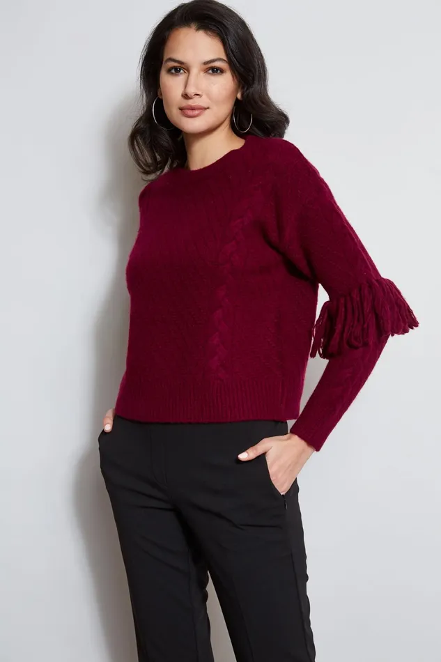 Outlet 8211 Women Tops Elie Tahari Cable Knit Fringe Sweater Mulberry