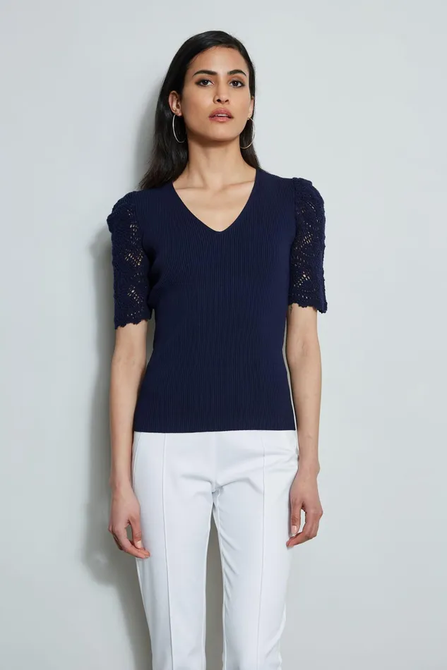 Outlet 8211 Women Tops Elie Tahari Crochet Sleeve VNeck Sweater Peacoat